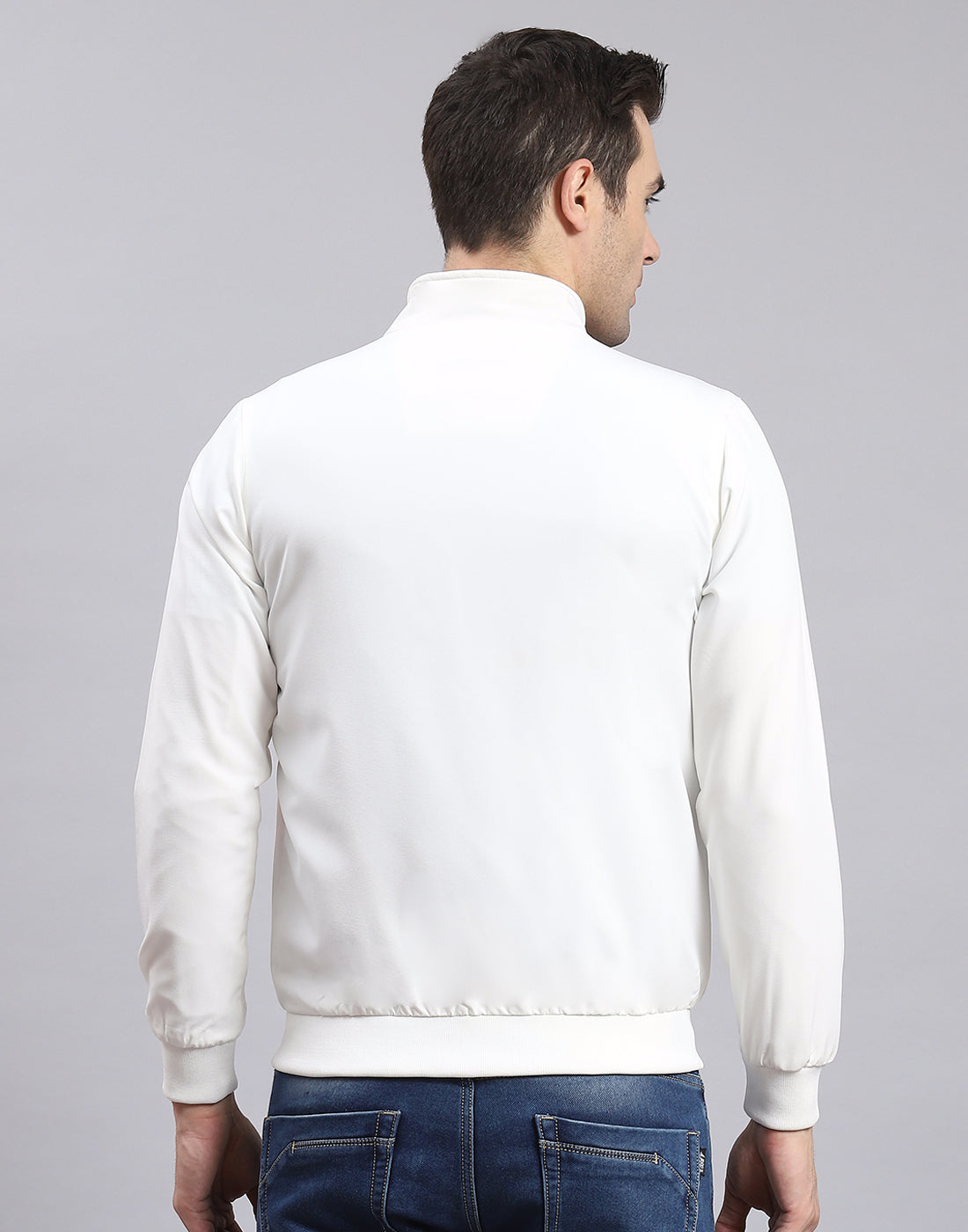 Men White Solid Stand Collar Full Sleeve Jacket