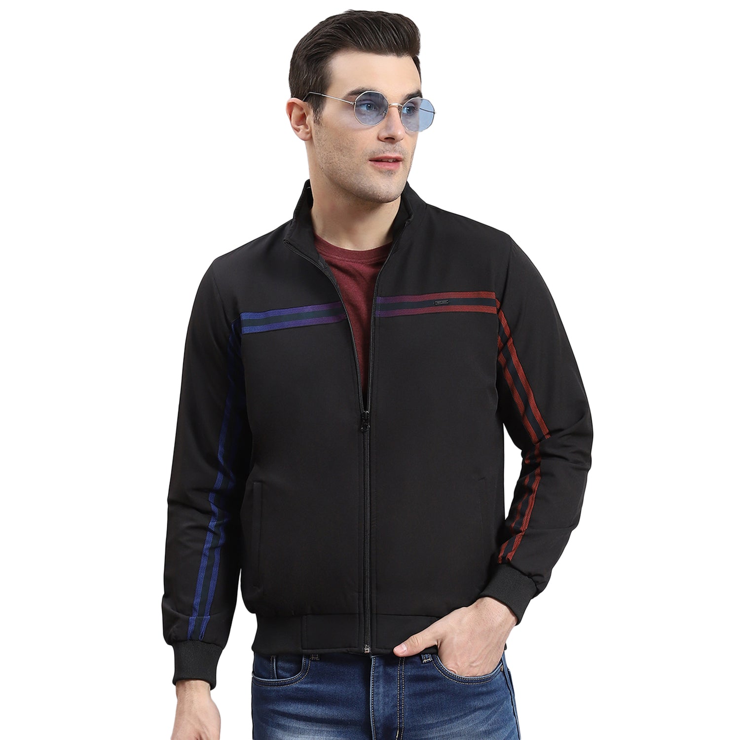 Men Black Solid Stand Collar Full Sleeve Jacket