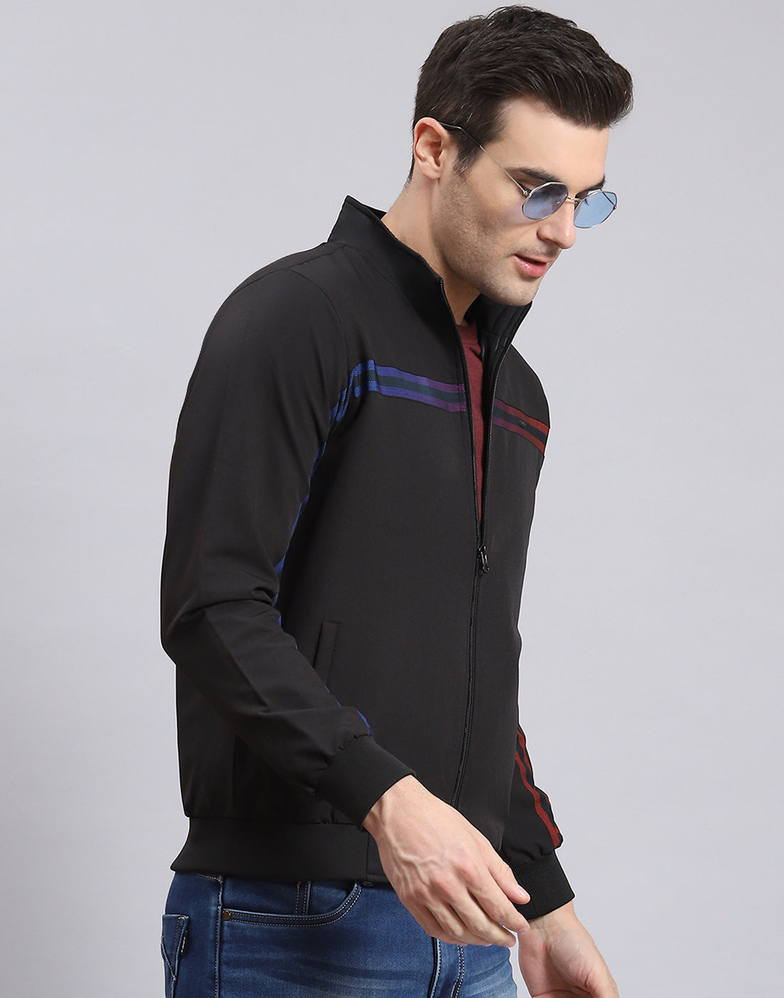 Men Black Solid Stand Collar Full Sleeve Jacket