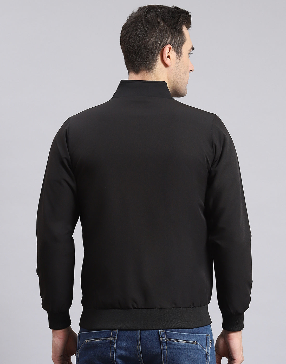 Men Black Solid Stand Collar Full Sleeve Jacket