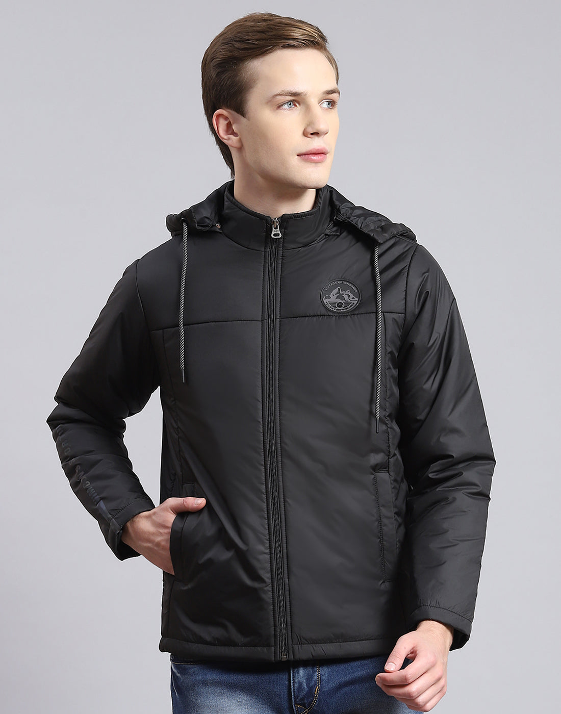 Men Black Solid Hooded Full Sleeve Jacket