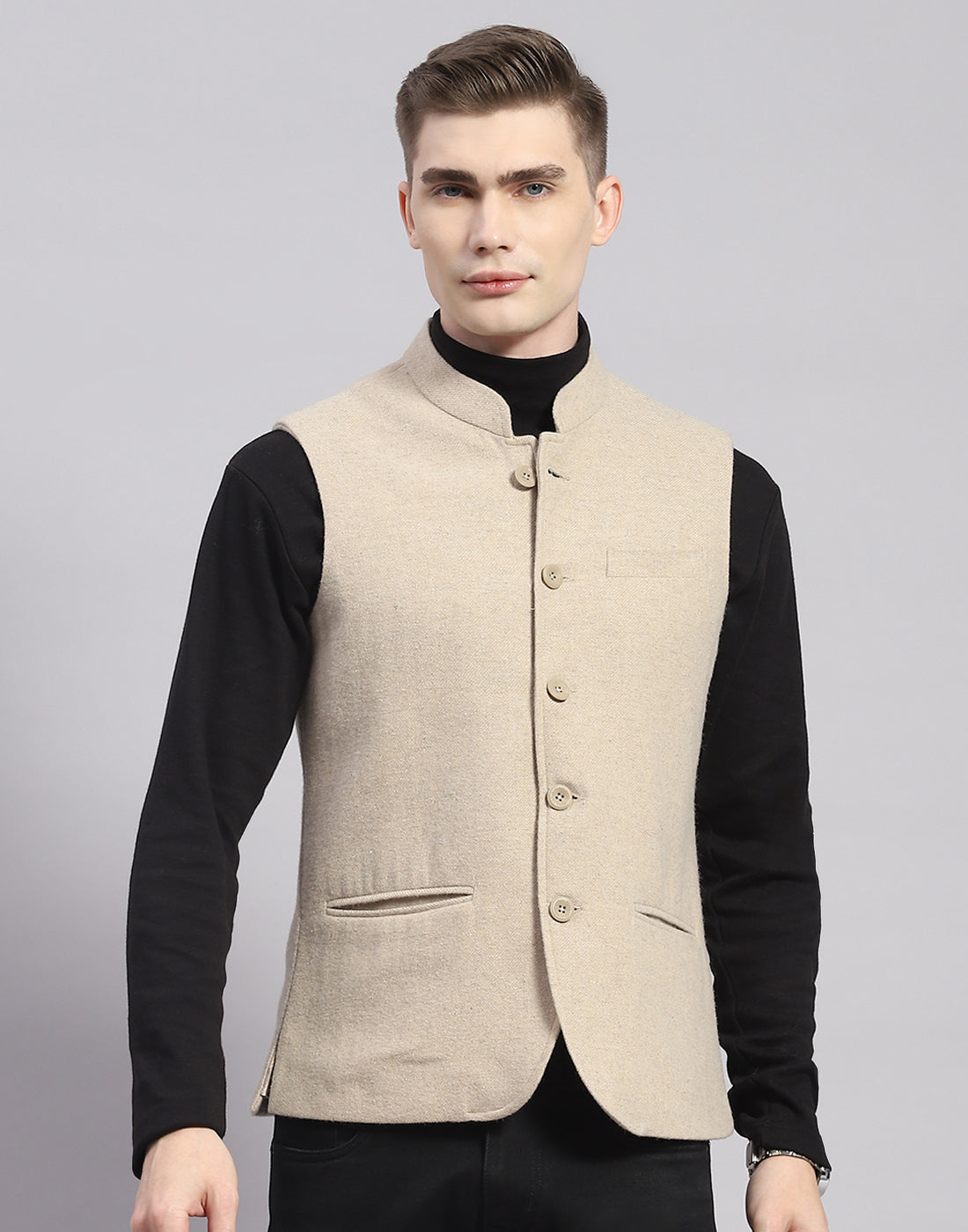 Men Beige Solid Mandarin Collar Sleeveless Nehru Jacket