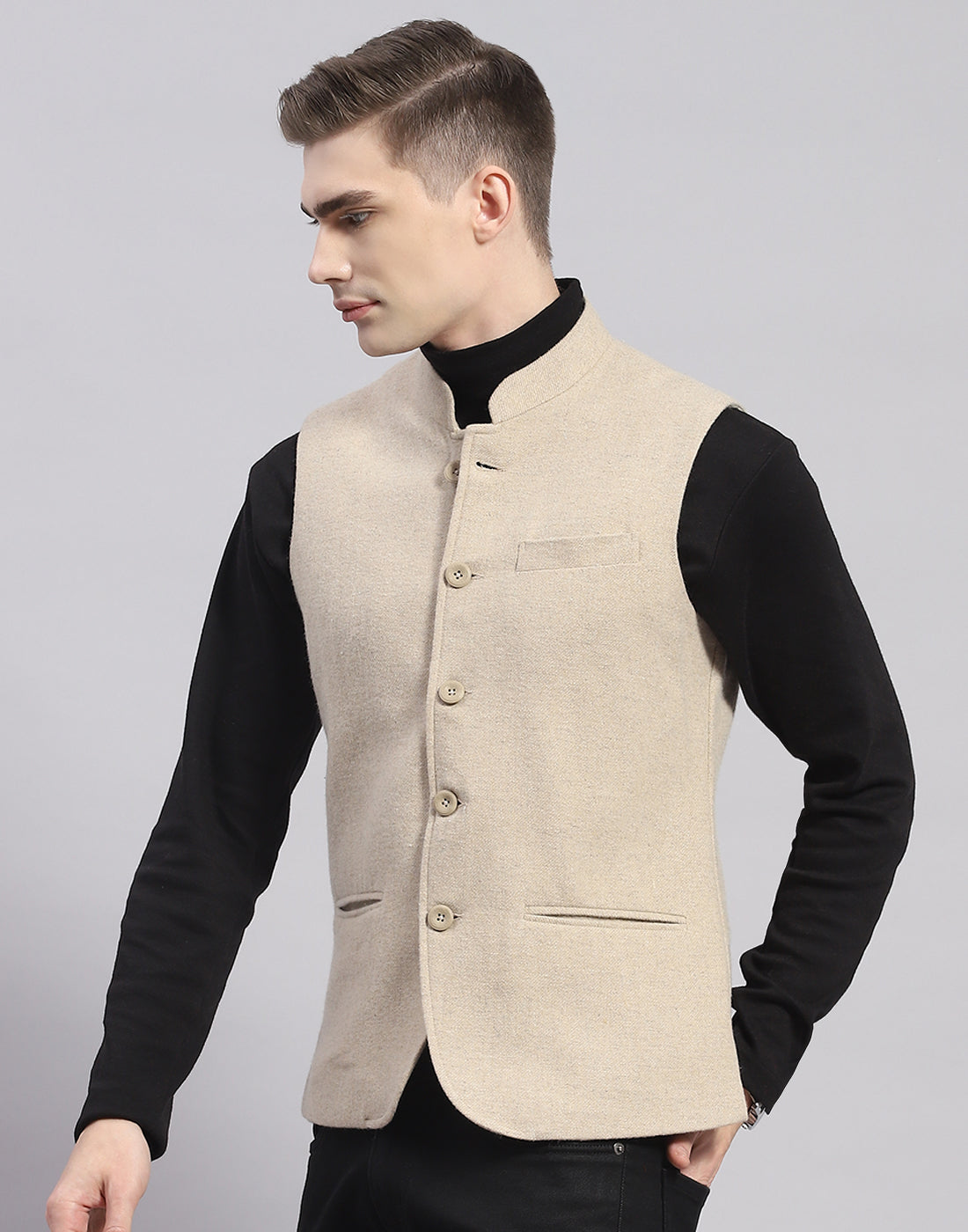 Men Beige Solid Mandarin Collar Sleeveless Nehru Jacket