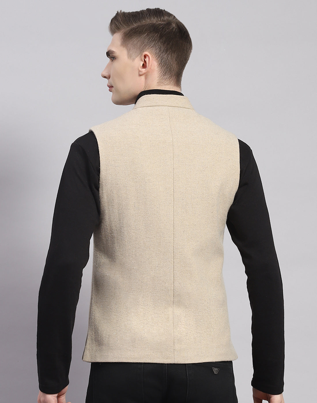 Men Beige Solid Mandarin Collar Sleeveless Nehru Jacket