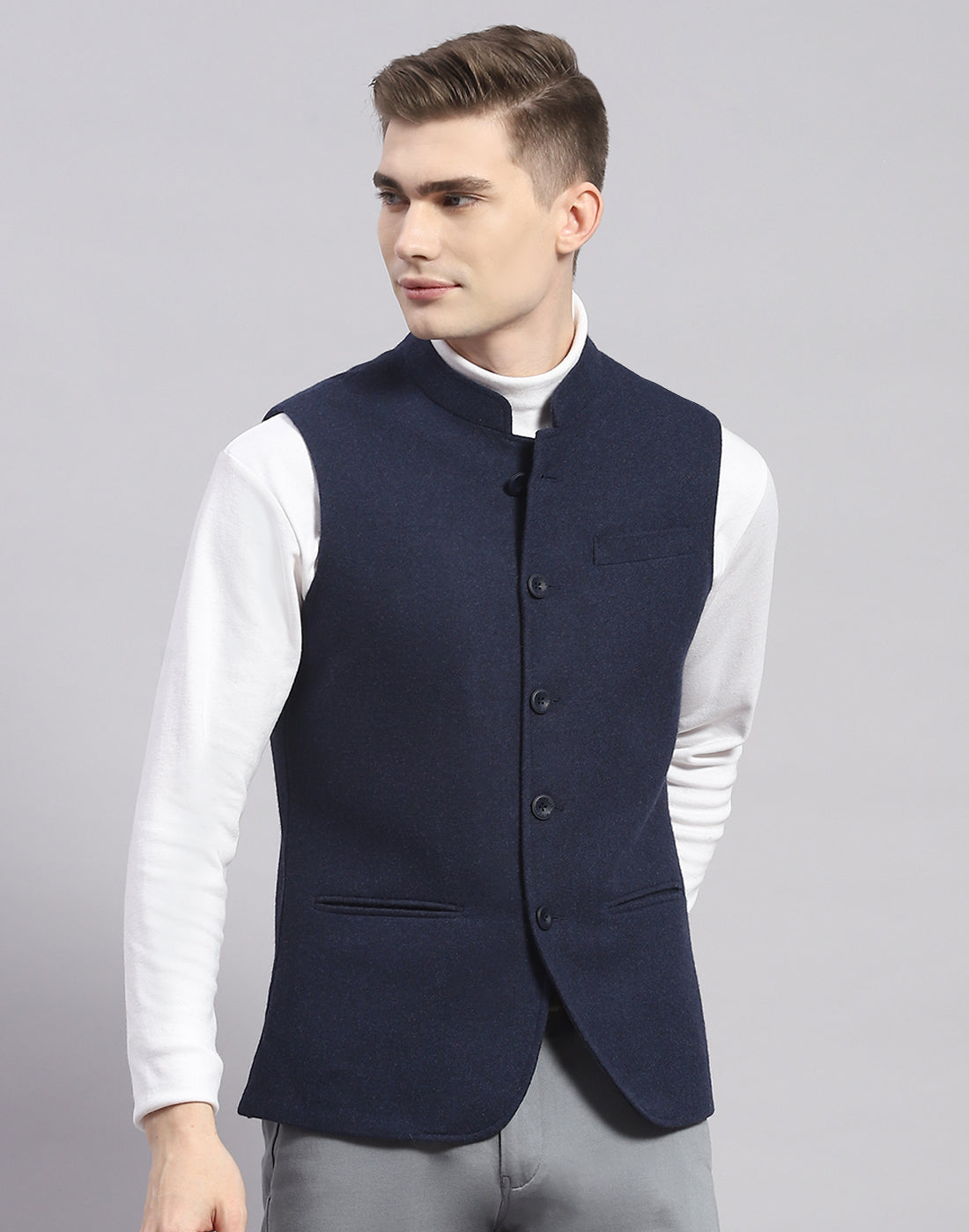 Men Blue Solid Mandarin Collar Sleeveless Nehru Jacket