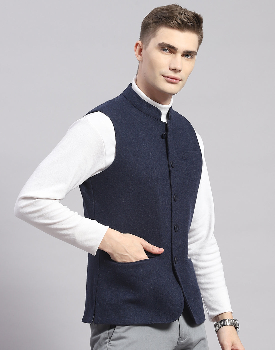 Men Blue Solid Mandarin Collar Sleeveless Nehru Jacket