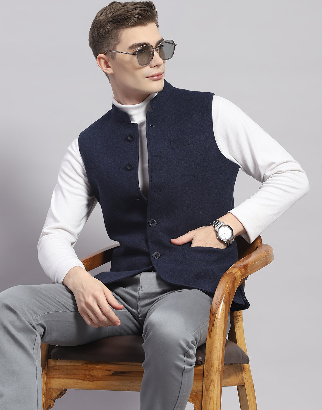 Men Blue Solid Mandarin Collar Sleeveless Nehru Jacket