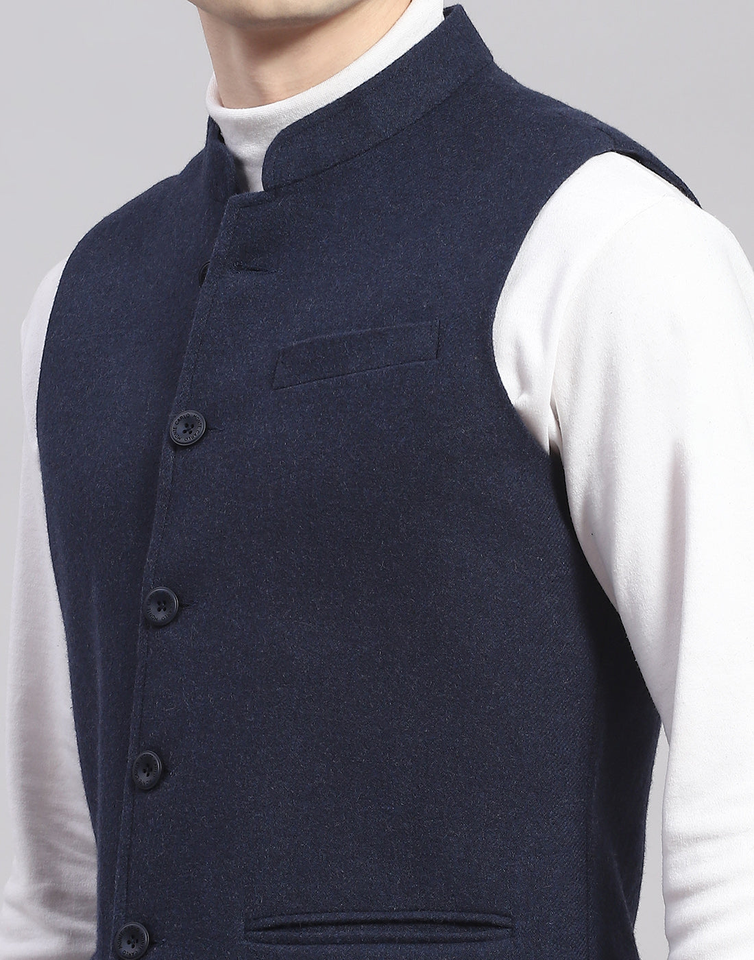 Men Blue Solid Mandarin Collar Sleeveless Nehru Jacket