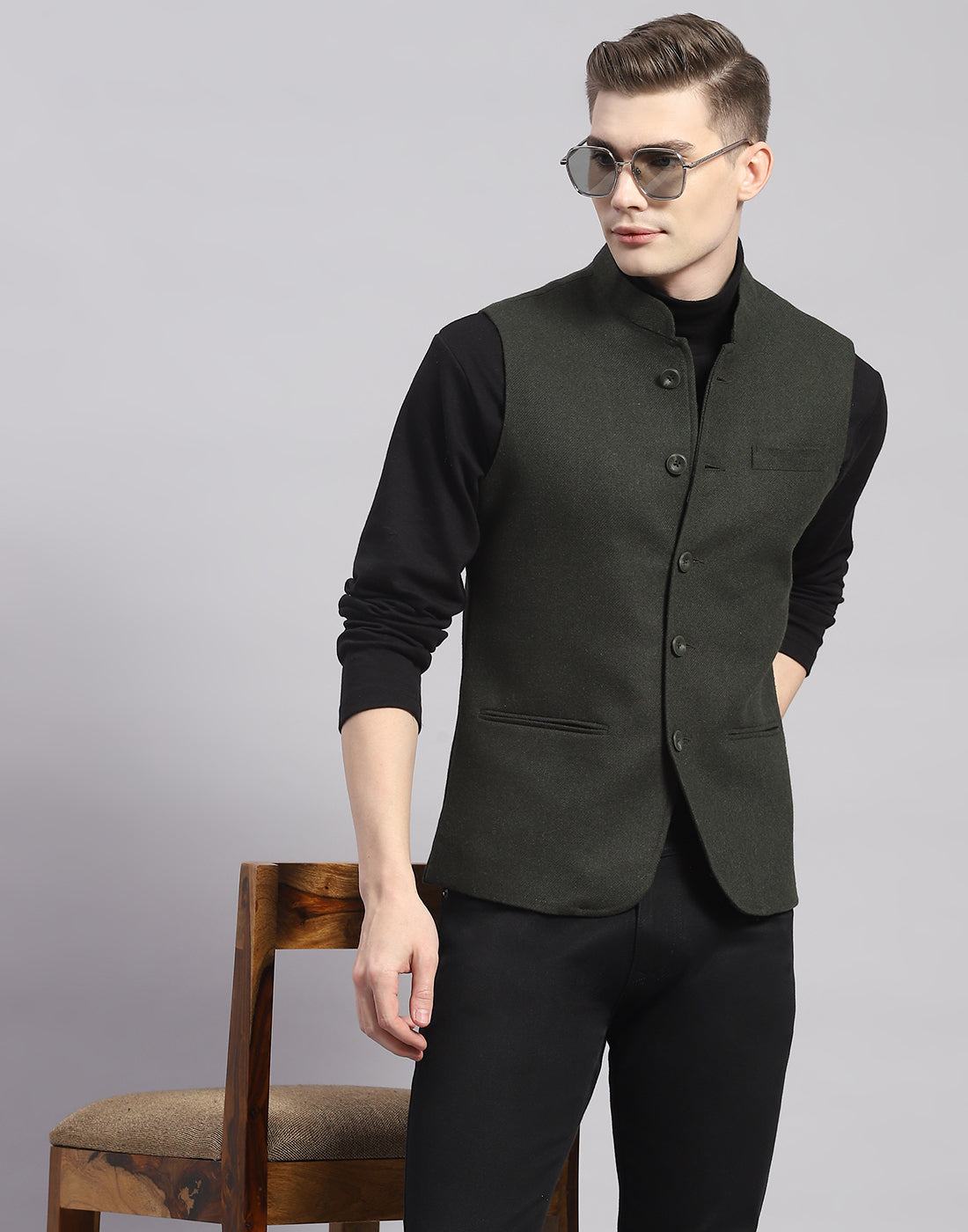 Buy Monte Carlo Charcoal Solid Mandarin Nehru Jacket Online