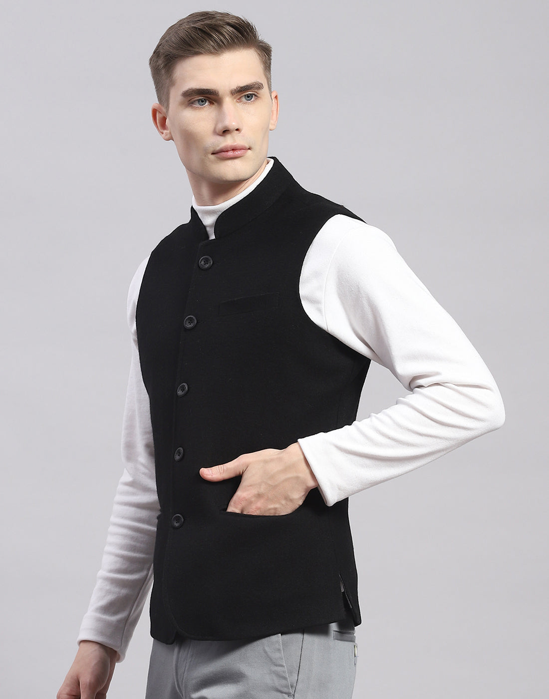 Men Black Solid Mandarin Collar Sleeveless Nehru Jacket