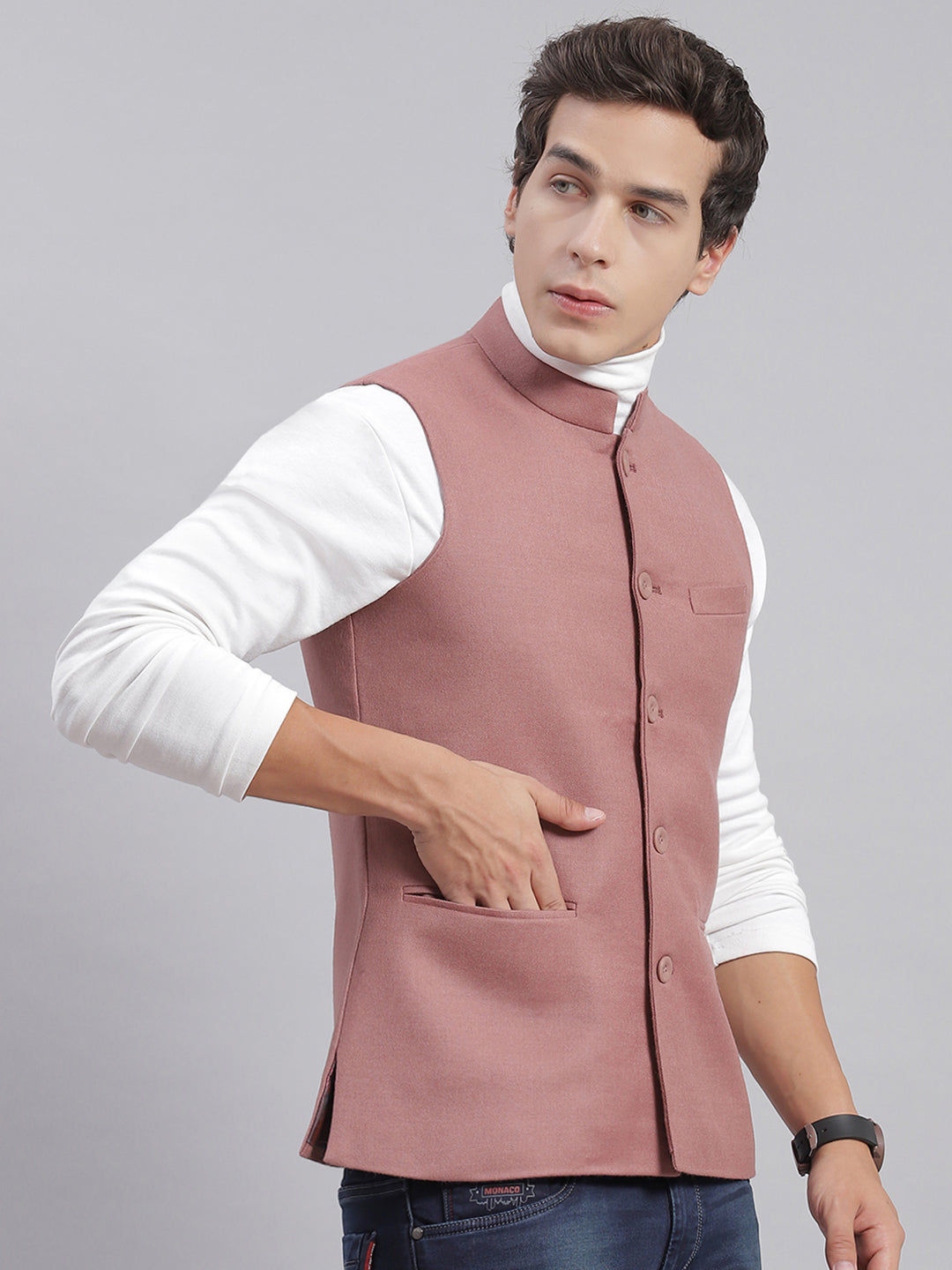 Men Pink Solid Mandarin Collar Sleeveless Nehru Jackets