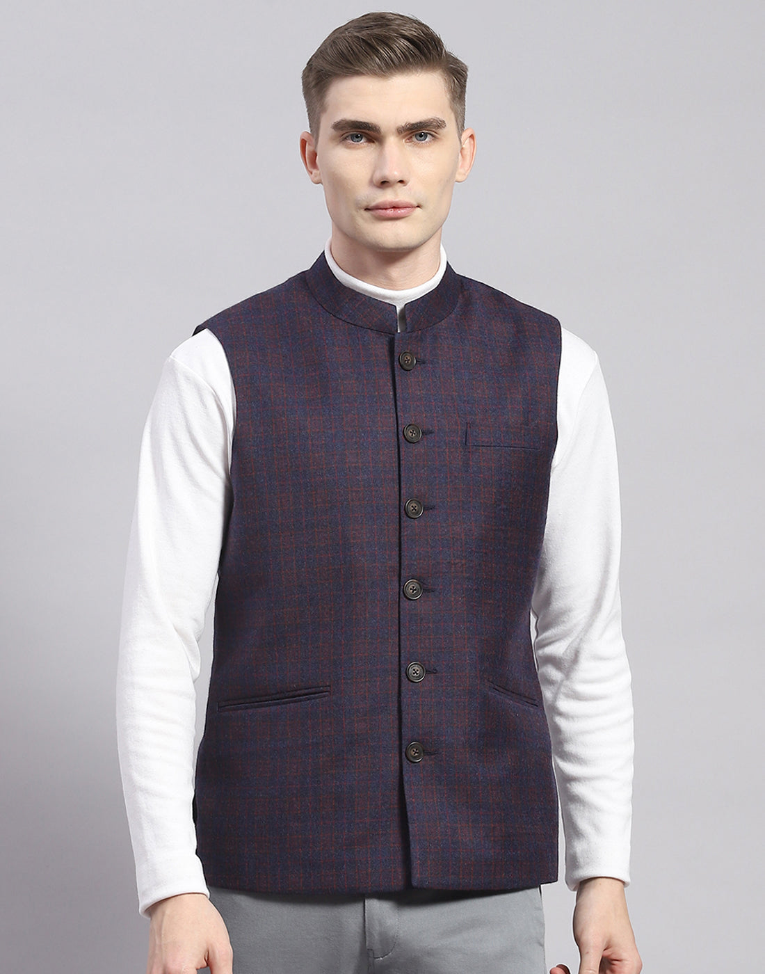 Men Blue Check Mandarin Collar Sleeveless Nehru Jacket