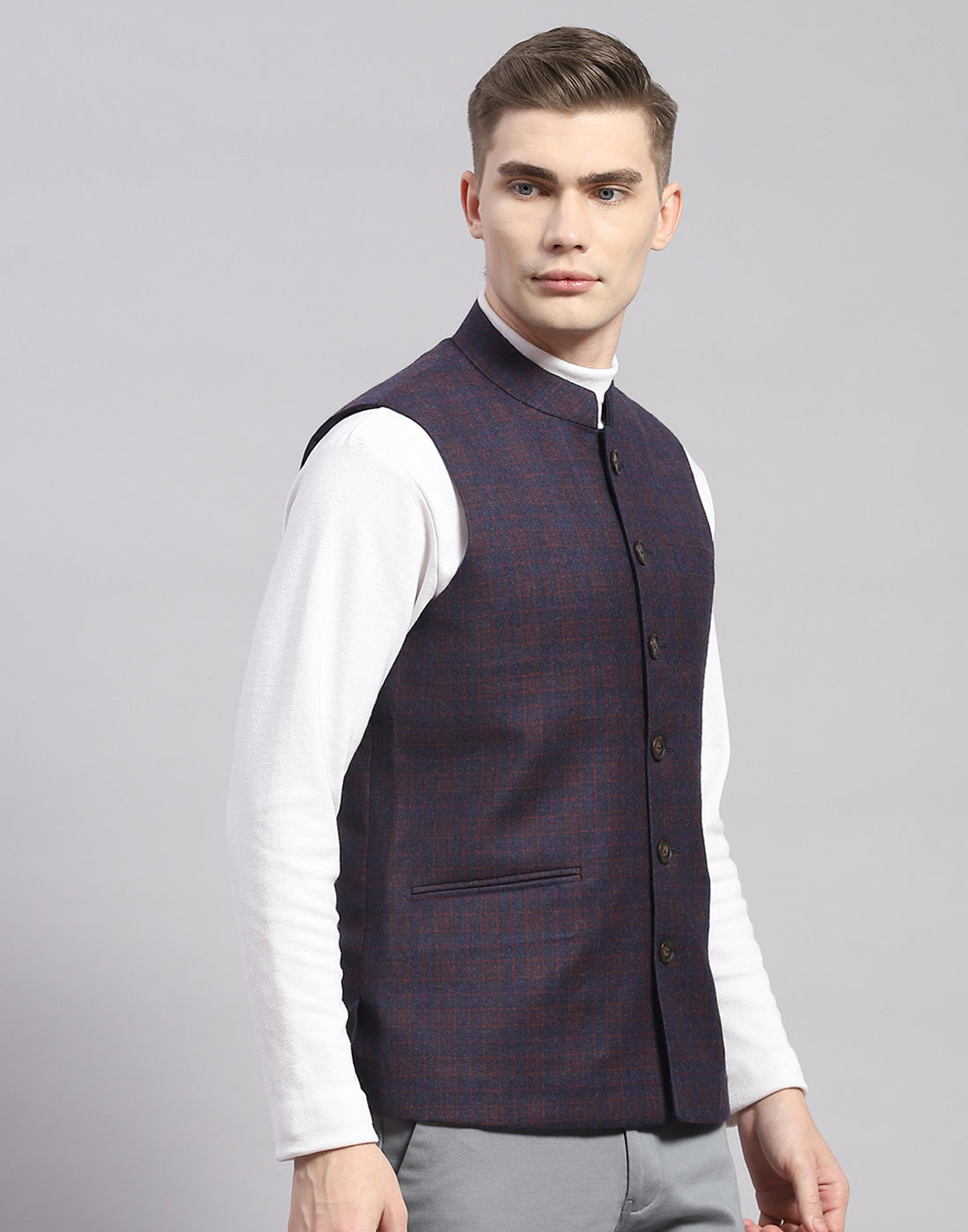 Men Blue Check Mandarin Collar Sleeveless Nehru Jacket