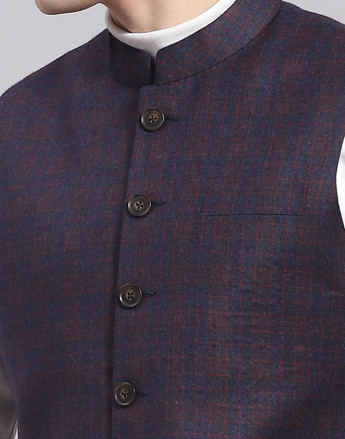 Men Blue Check Mandarin Collar Sleeveless Nehru Jacket