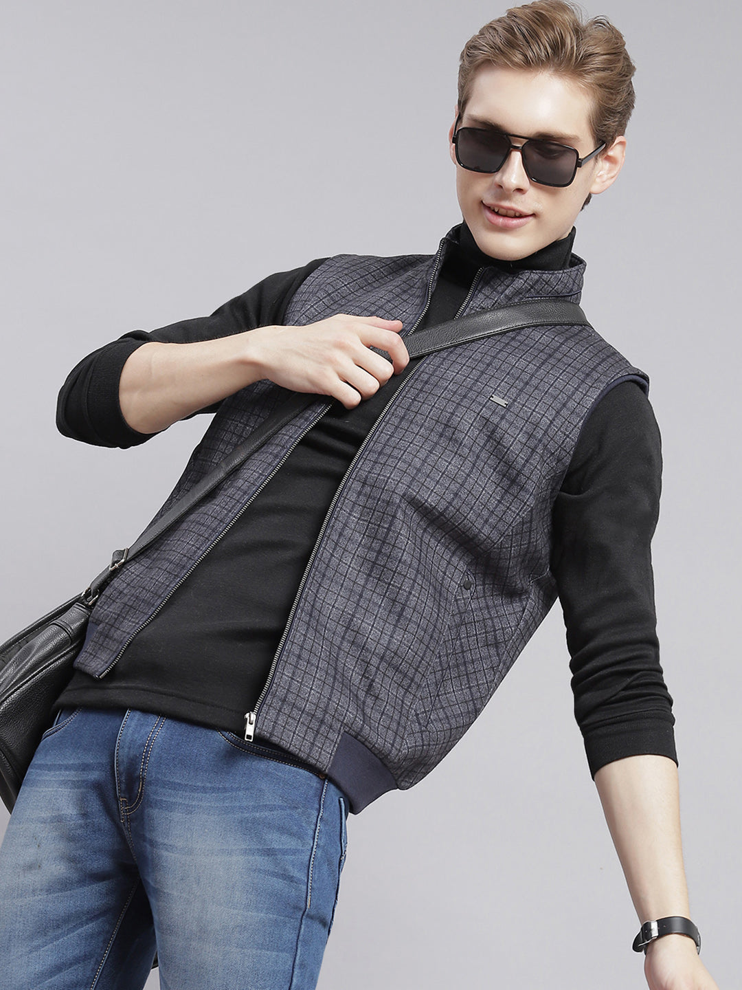 Men Grey Check Stand Collar Sleeveless Jackets