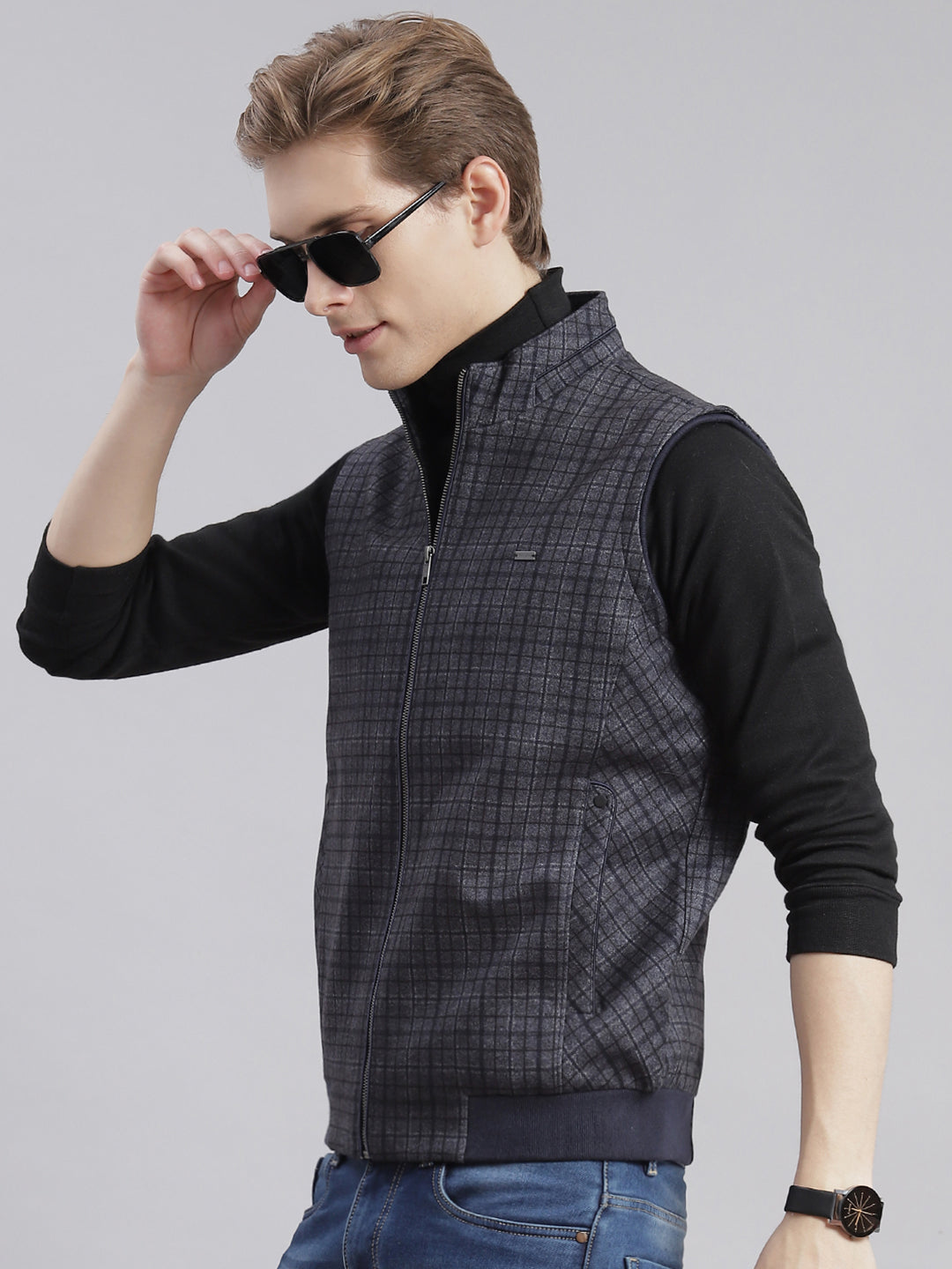 Men Grey Check Stand Collar Sleeveless Jackets