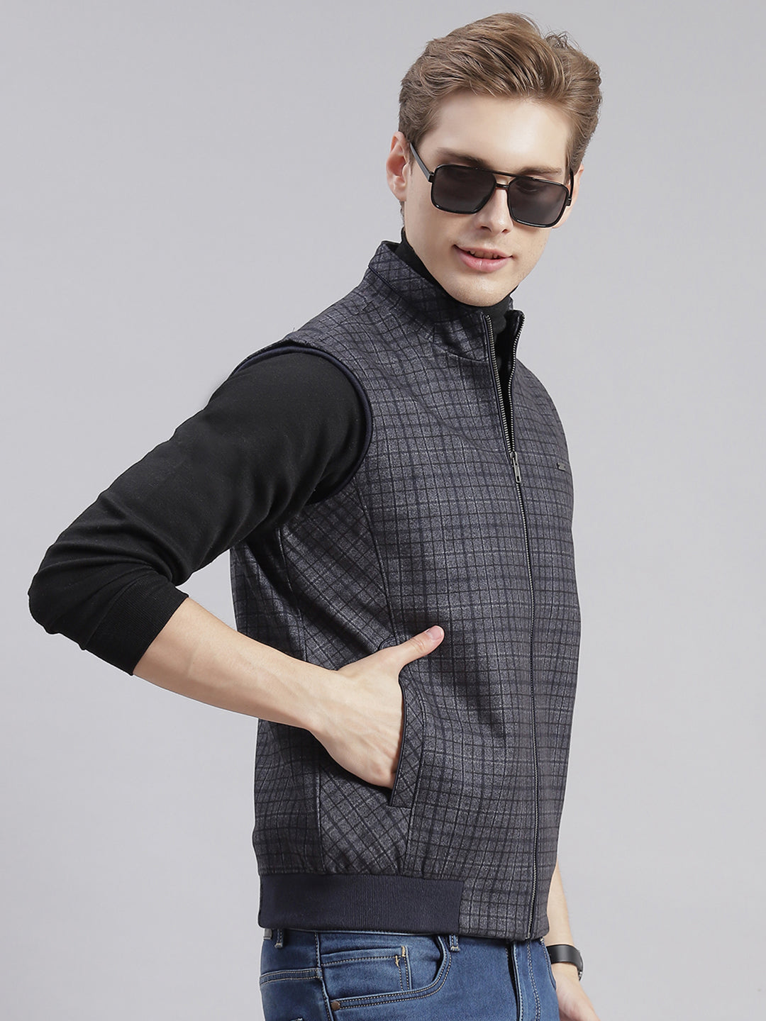 Men Grey Check Stand Collar Sleeveless Jackets