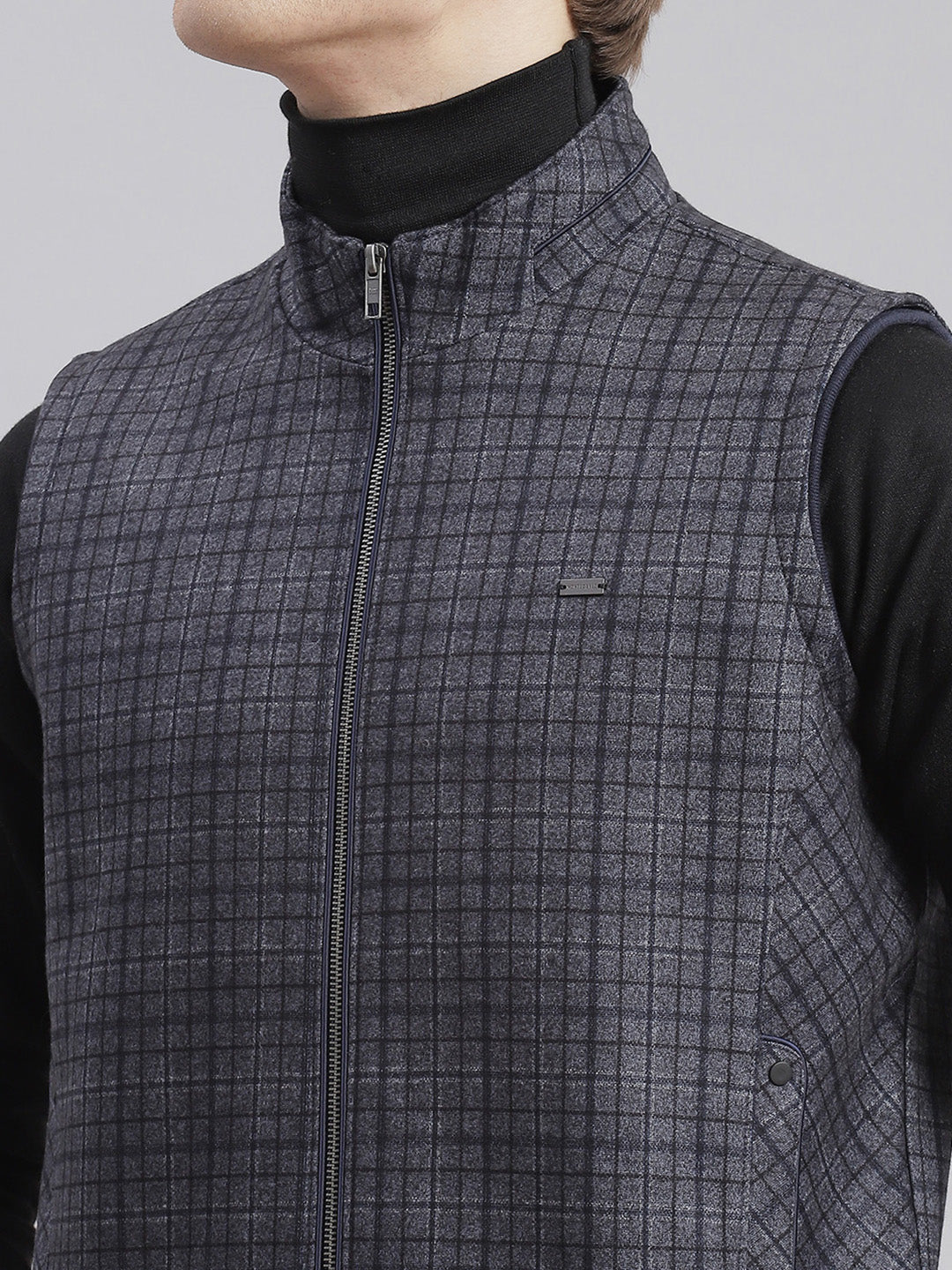 Men Grey Check Stand Collar Sleeveless Jackets