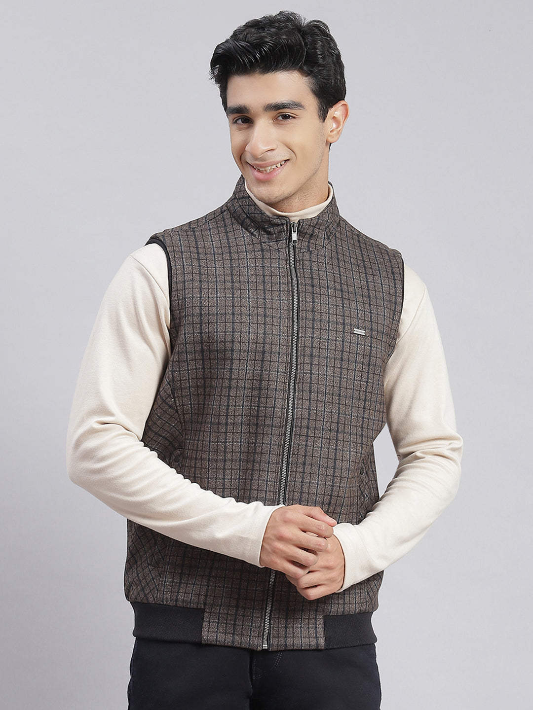 Men Brown Check Stand Collar Sleeveless Jackets