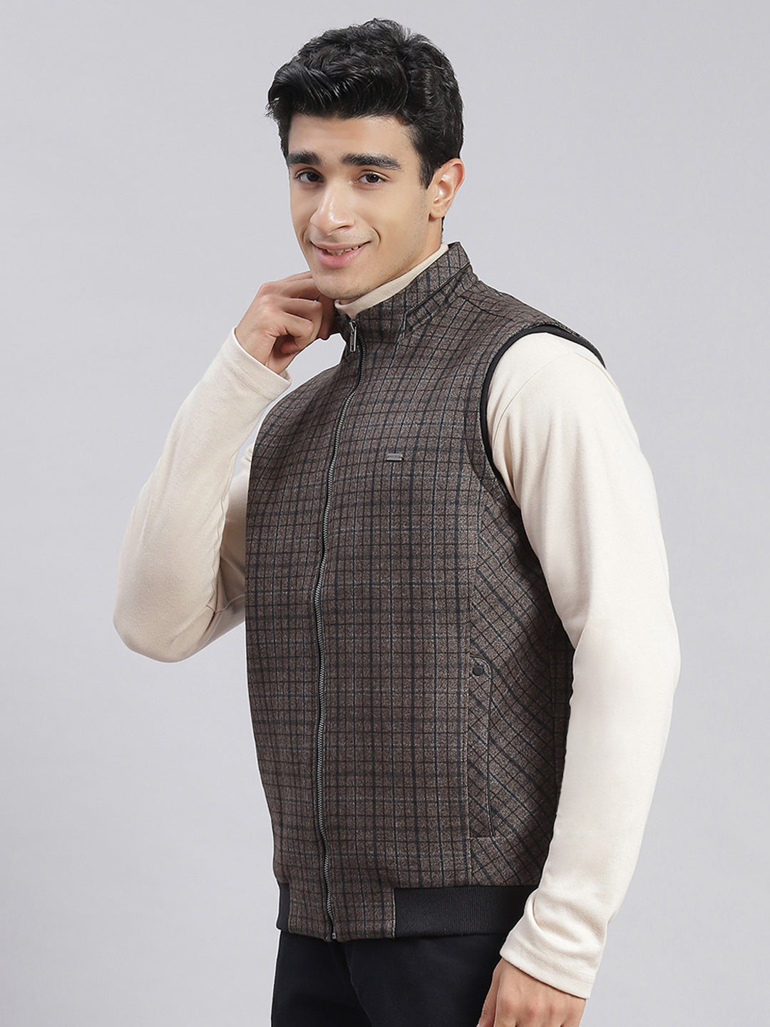 Men Brown Check Stand Collar Sleeveless Jackets