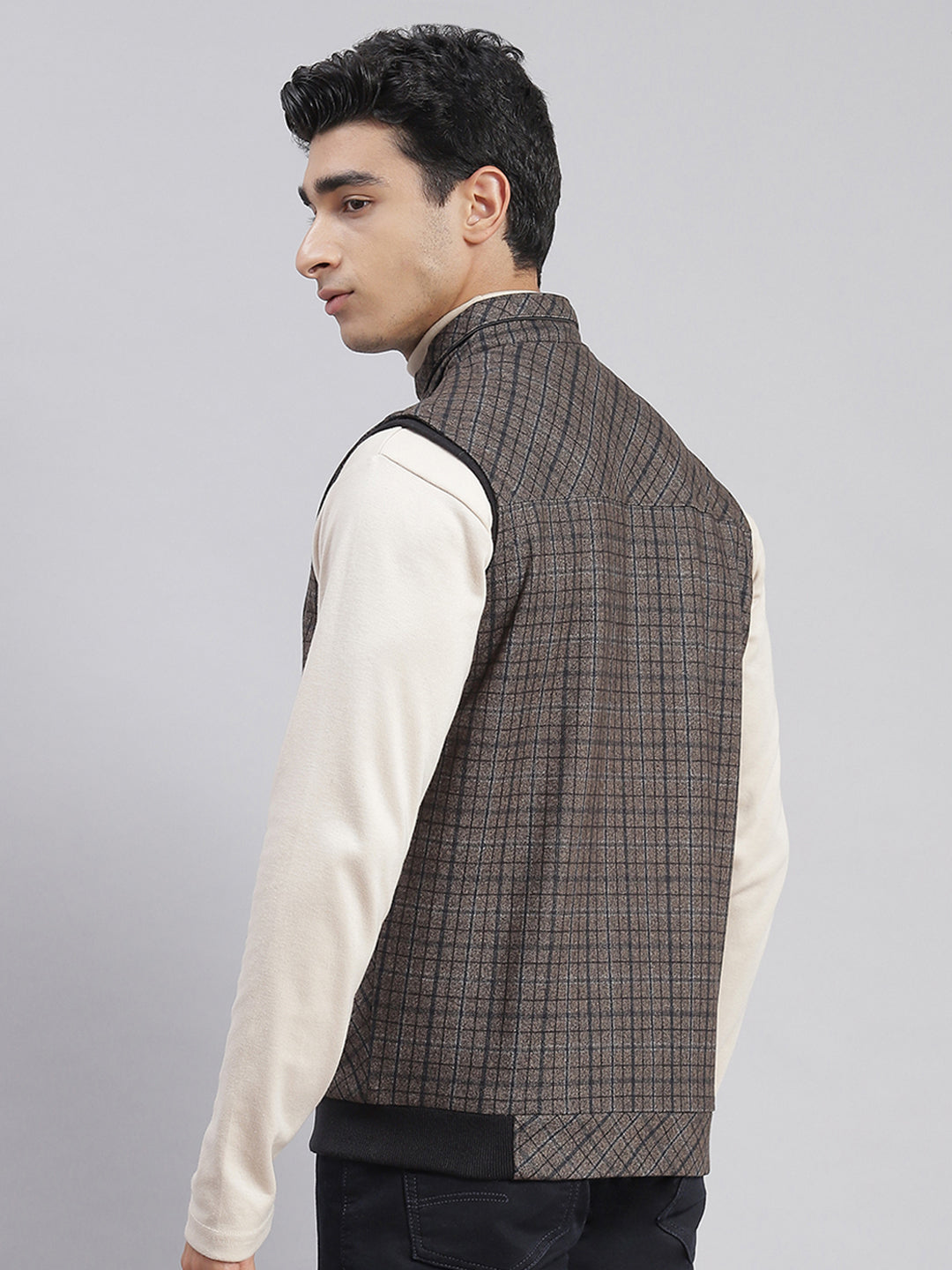 Men Brown Check Stand Collar Sleeveless Jackets