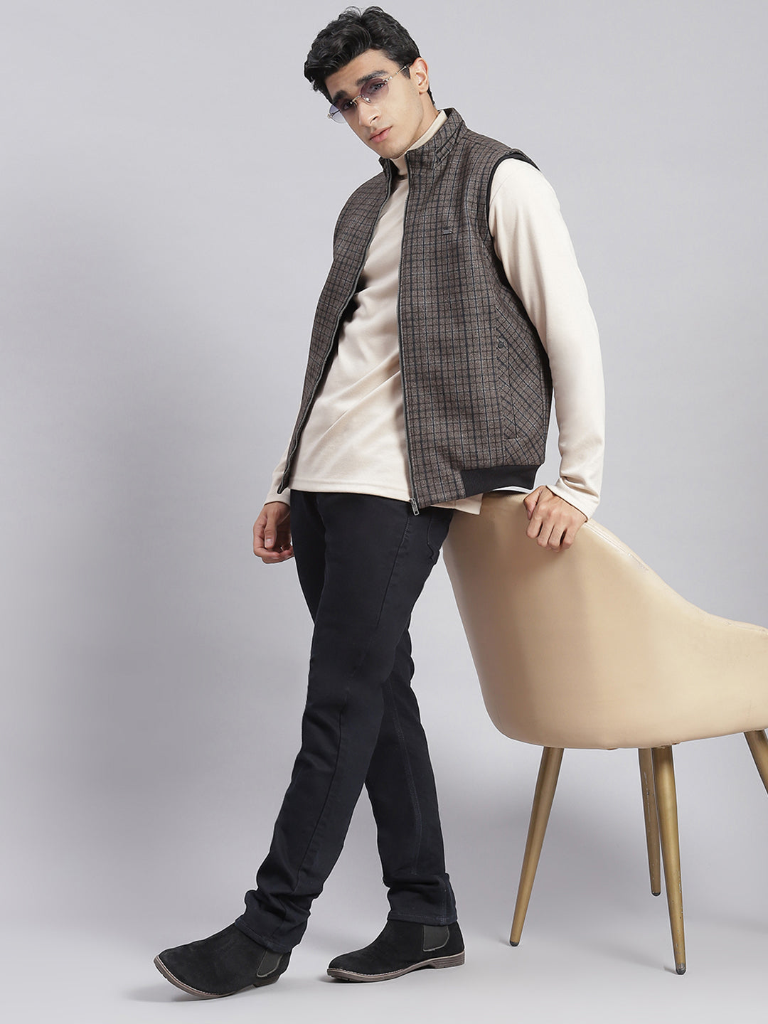 Men Brown Check Stand Collar Sleeveless Jackets