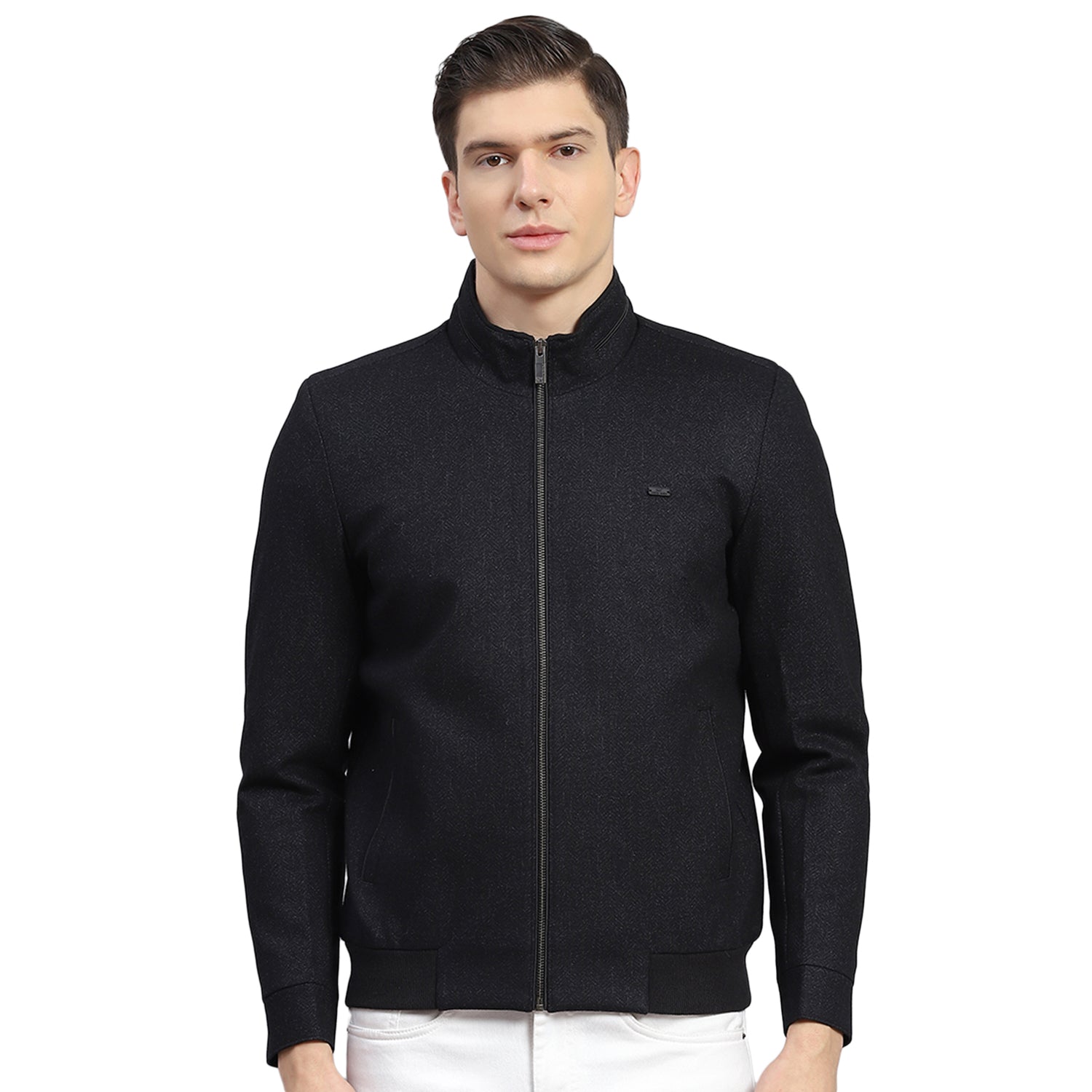 Men Black Self Design Stand Collar Full Sleeve Jacket