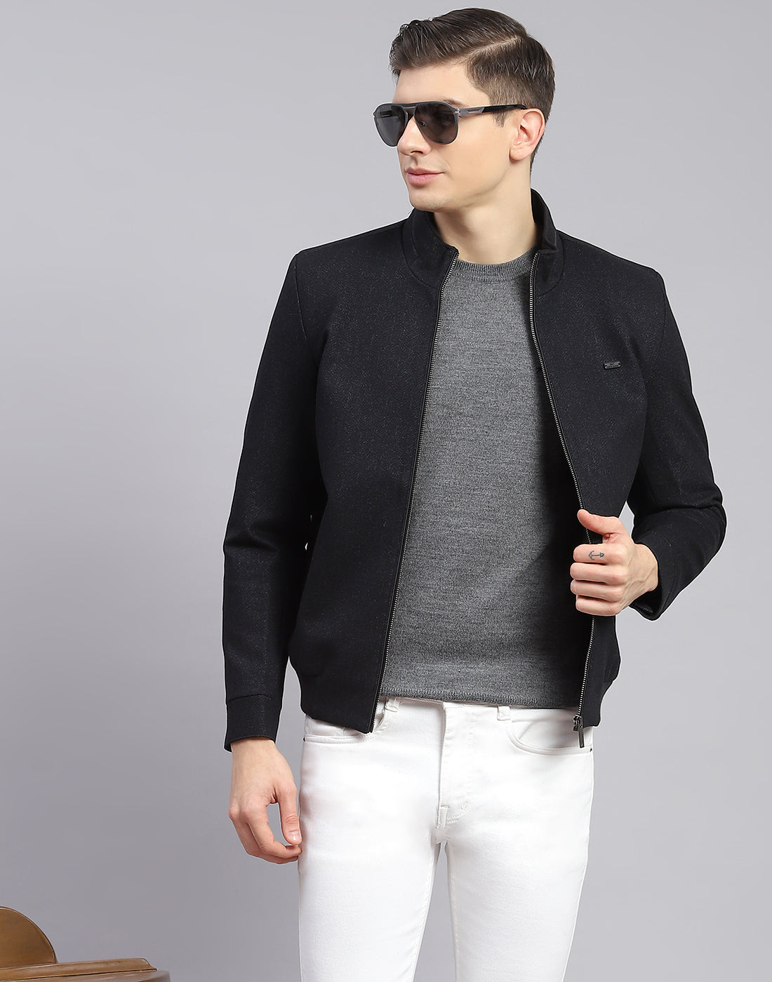 Men Black Self Design Stand Collar Full Sleeve Jacket