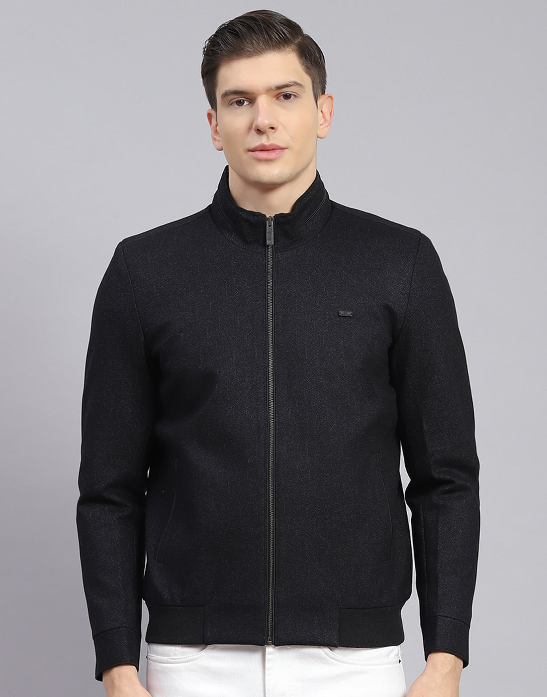 Men Black Self Design Stand Collar Full Sleeve Jacket