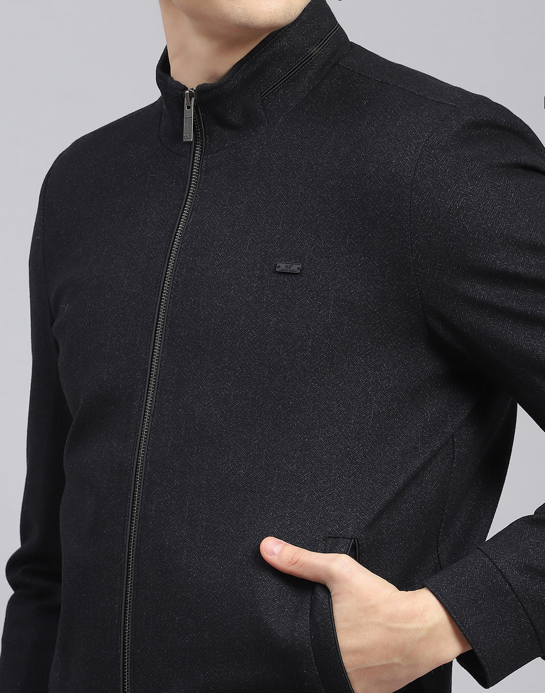 Men Black Self Design Stand Collar Full Sleeve Jacket