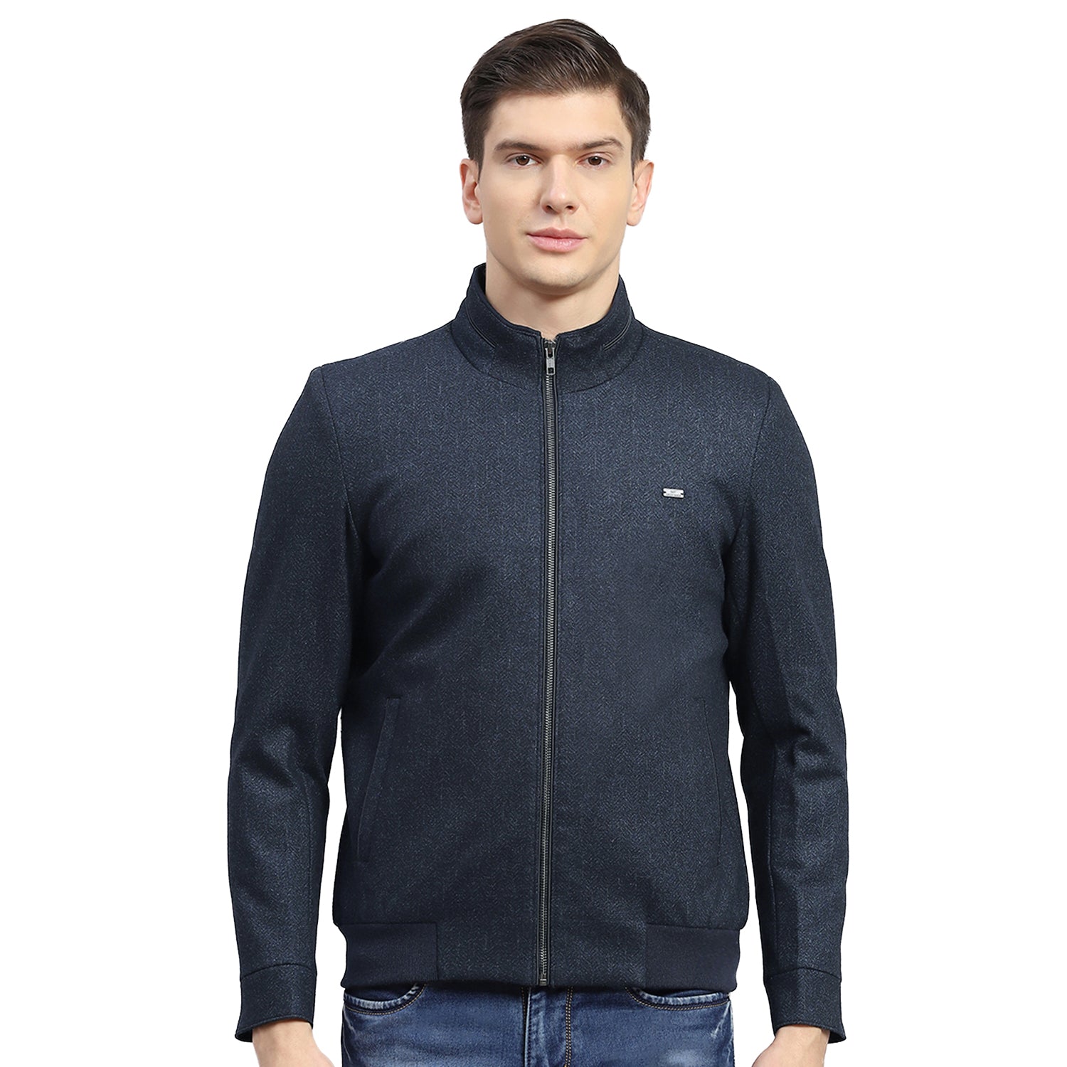 Men Blue Self Design Stand Collar Full Sleeve Jacket