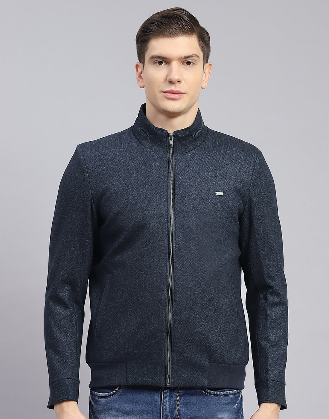 Men Blue Self Design Stand Collar Full Sleeve Jacket