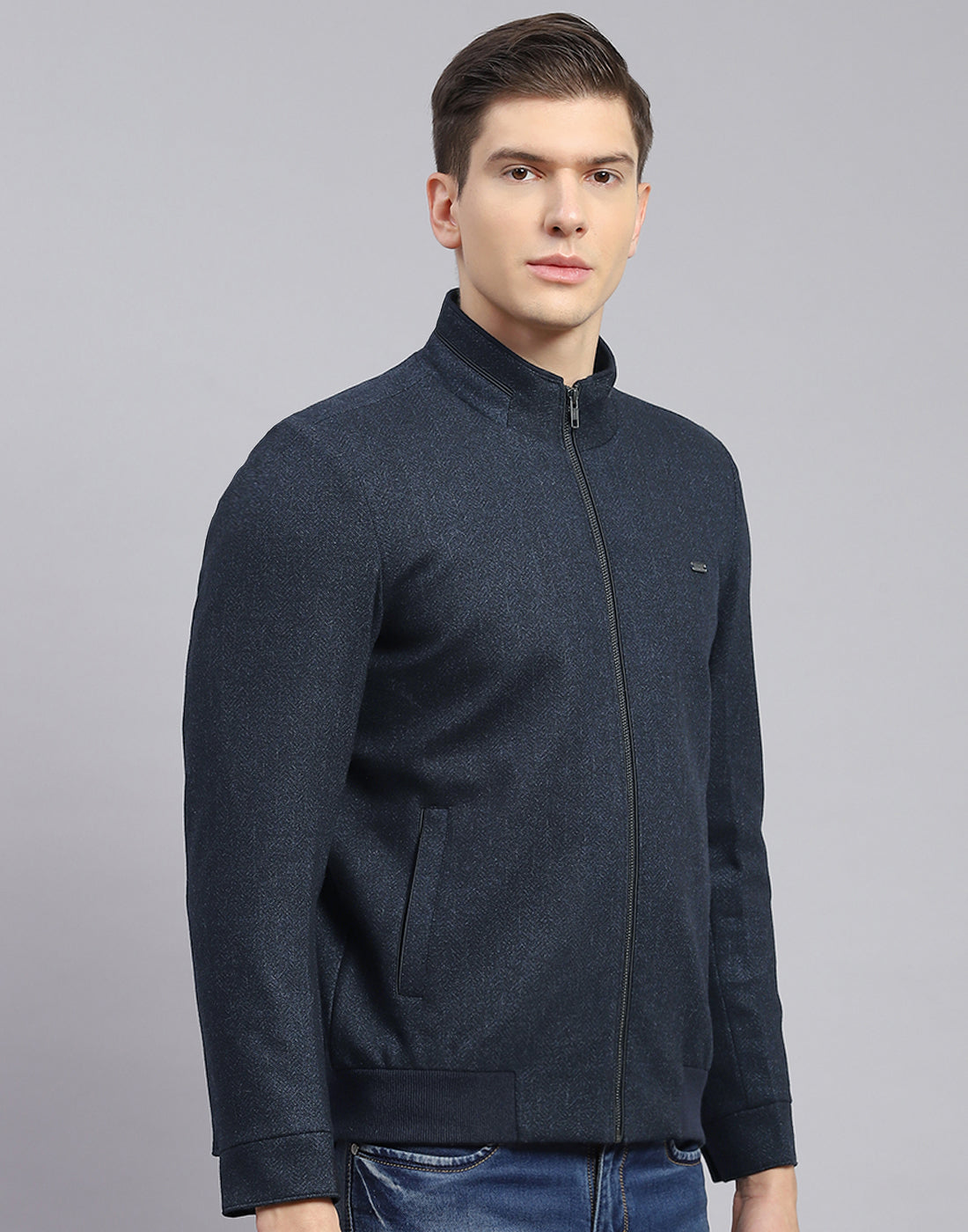 Men Blue Self Design Stand Collar Full Sleeve Jacket