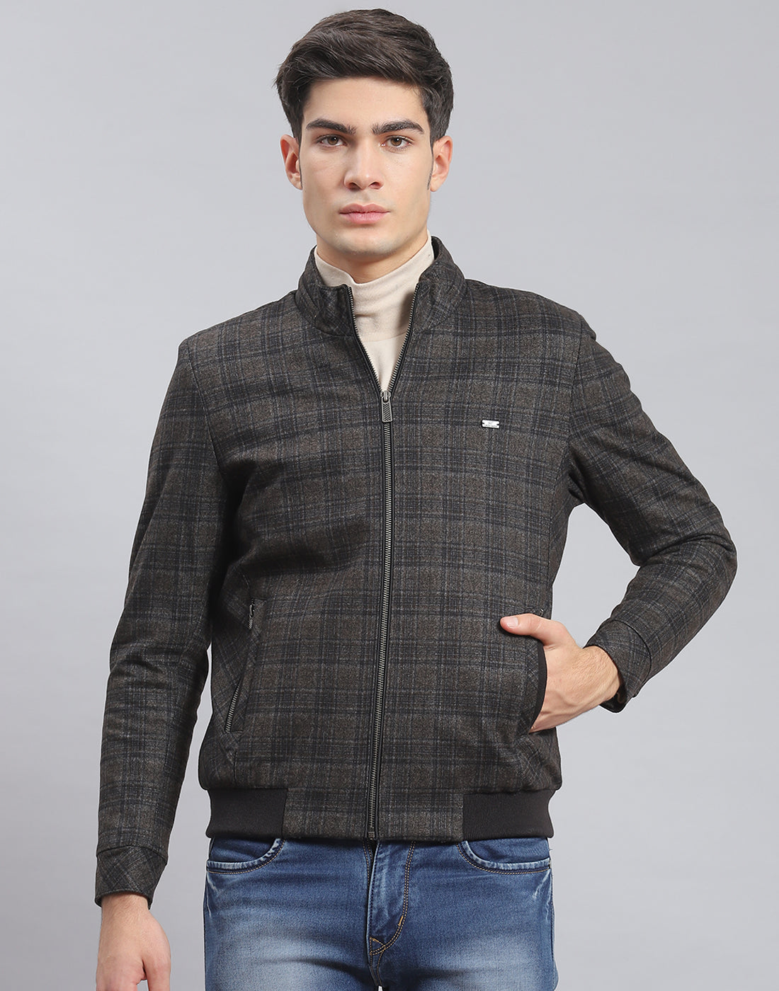 Men Brown Check Stand Collar Full Sleeve Coat