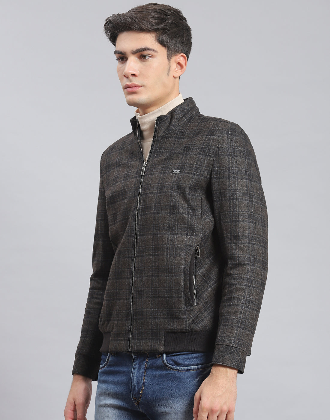 Men Brown Check Stand Collar Full Sleeve Coat