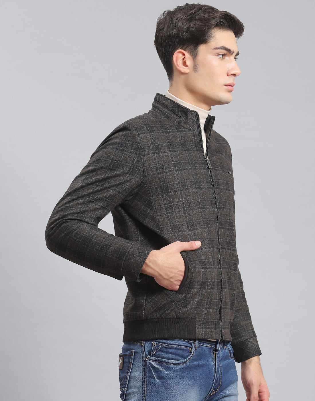 Men Brown Check Stand Collar Full Sleeve Coat