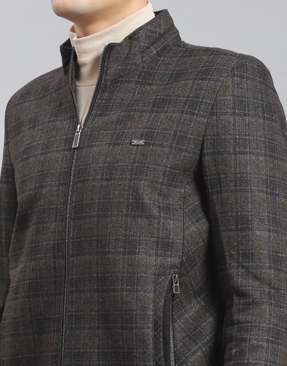 Men Brown Check Stand Collar Full Sleeve Coat