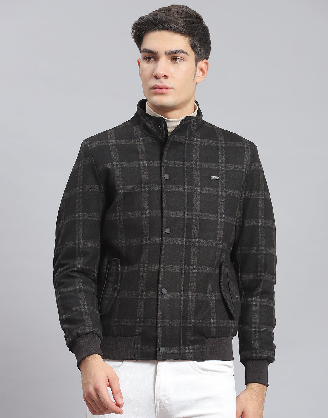 Men Black Check Stand Collar Full Sleeve Coat