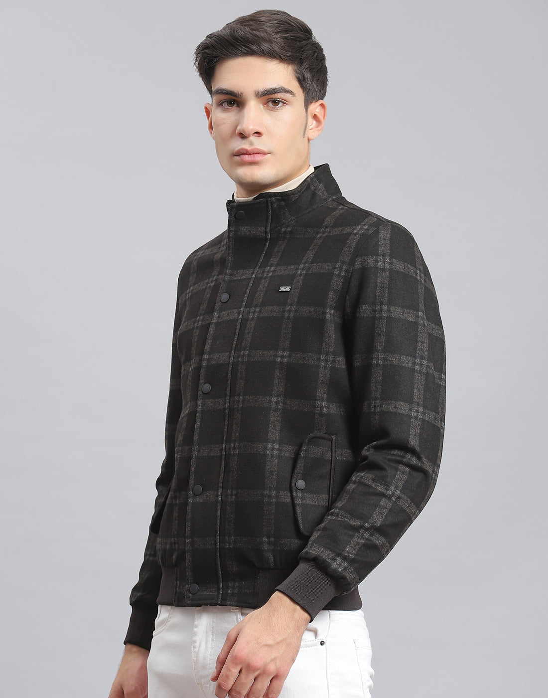 Men Black Check Stand Collar Full Sleeve Coat