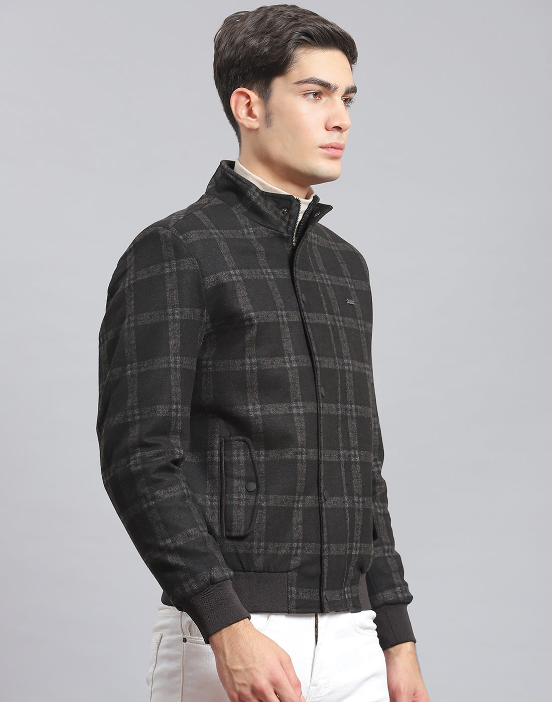 Men Black Check Stand Collar Full Sleeve Coat