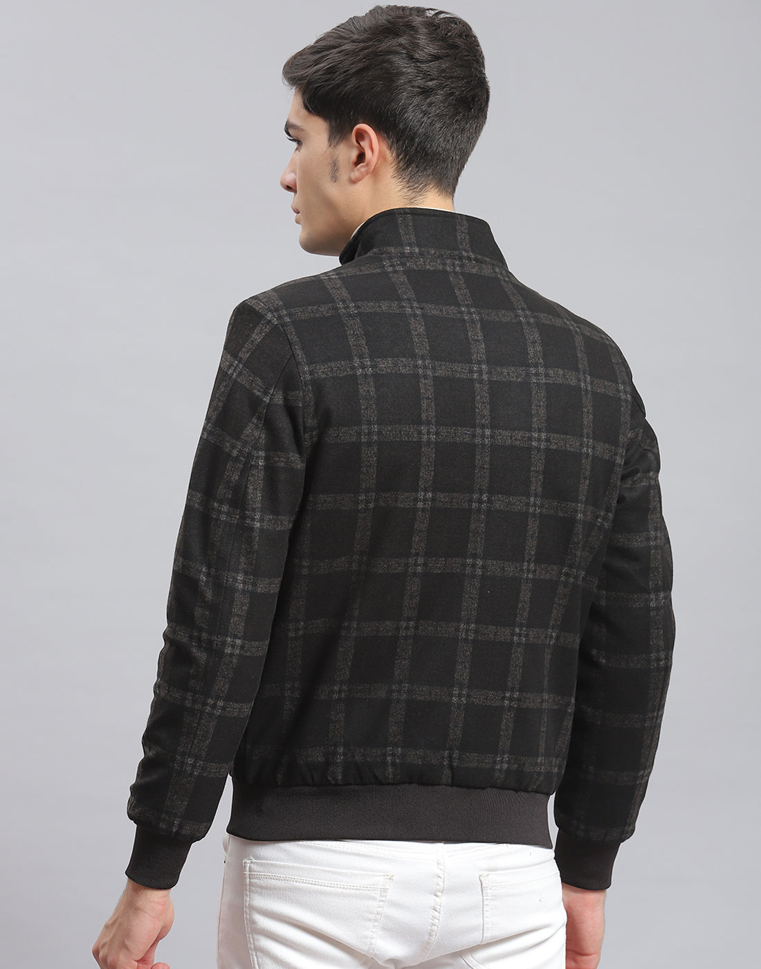 Men Black Check Stand Collar Full Sleeve Coat