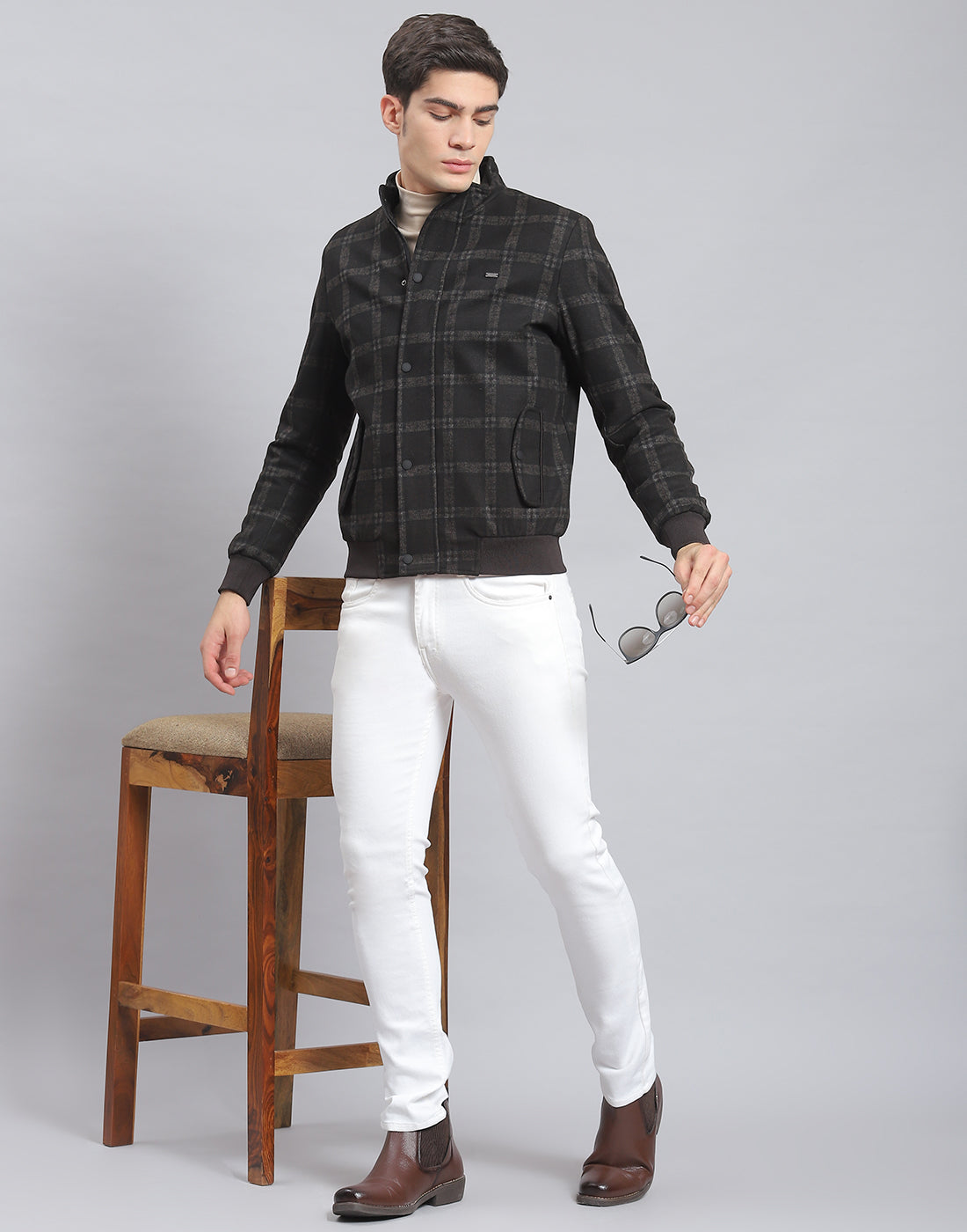 Men Black Check Stand Collar Full Sleeve Coat