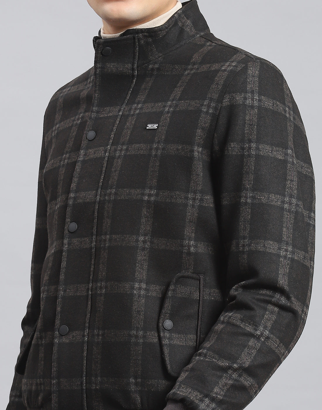 Men Black Check Stand Collar Full Sleeve Coat