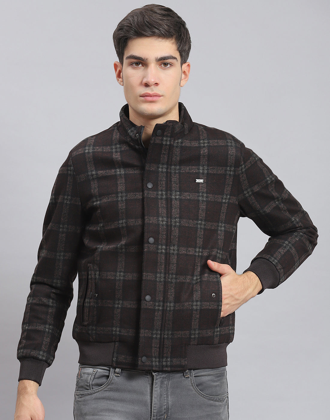 Men Brown Check Stand Collar Full Sleeve Coat