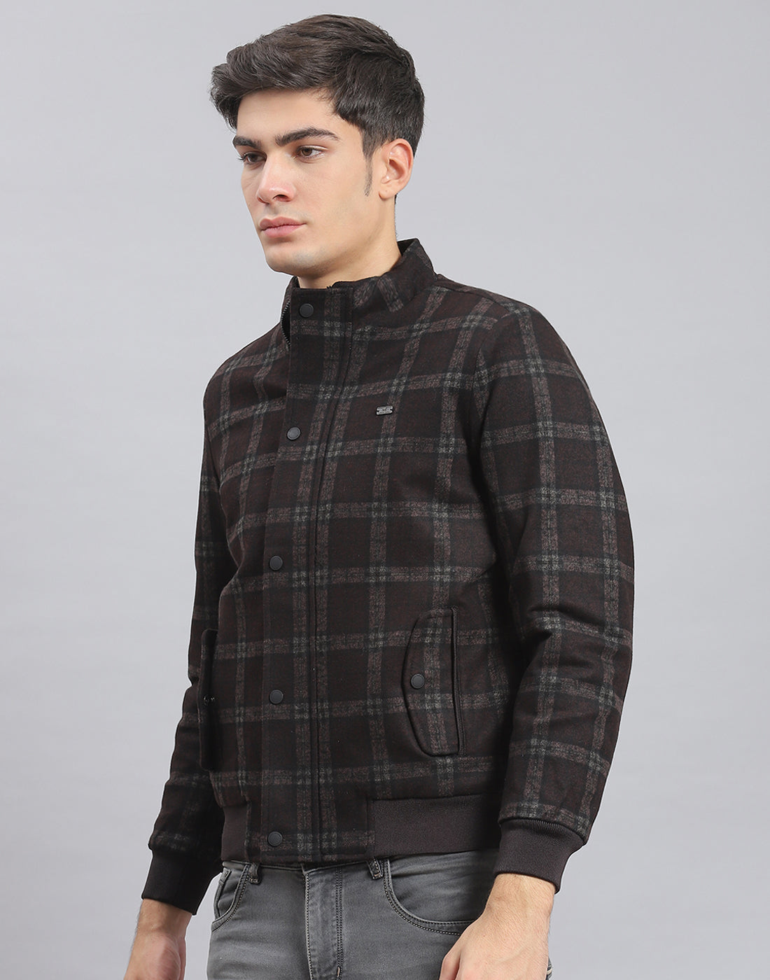 Men Brown Check Stand Collar Full Sleeve Coat