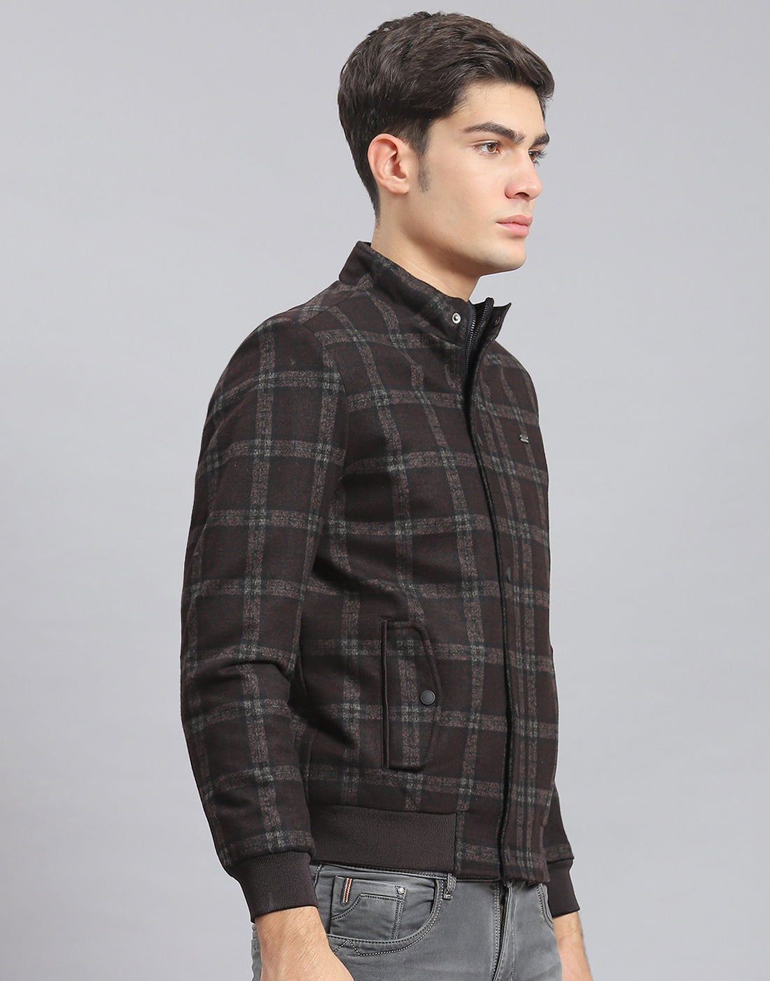 Men Brown Check Stand Collar Full Sleeve Coat