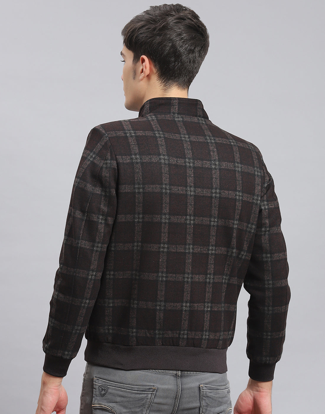 Men Brown Check Stand Collar Full Sleeve Coat