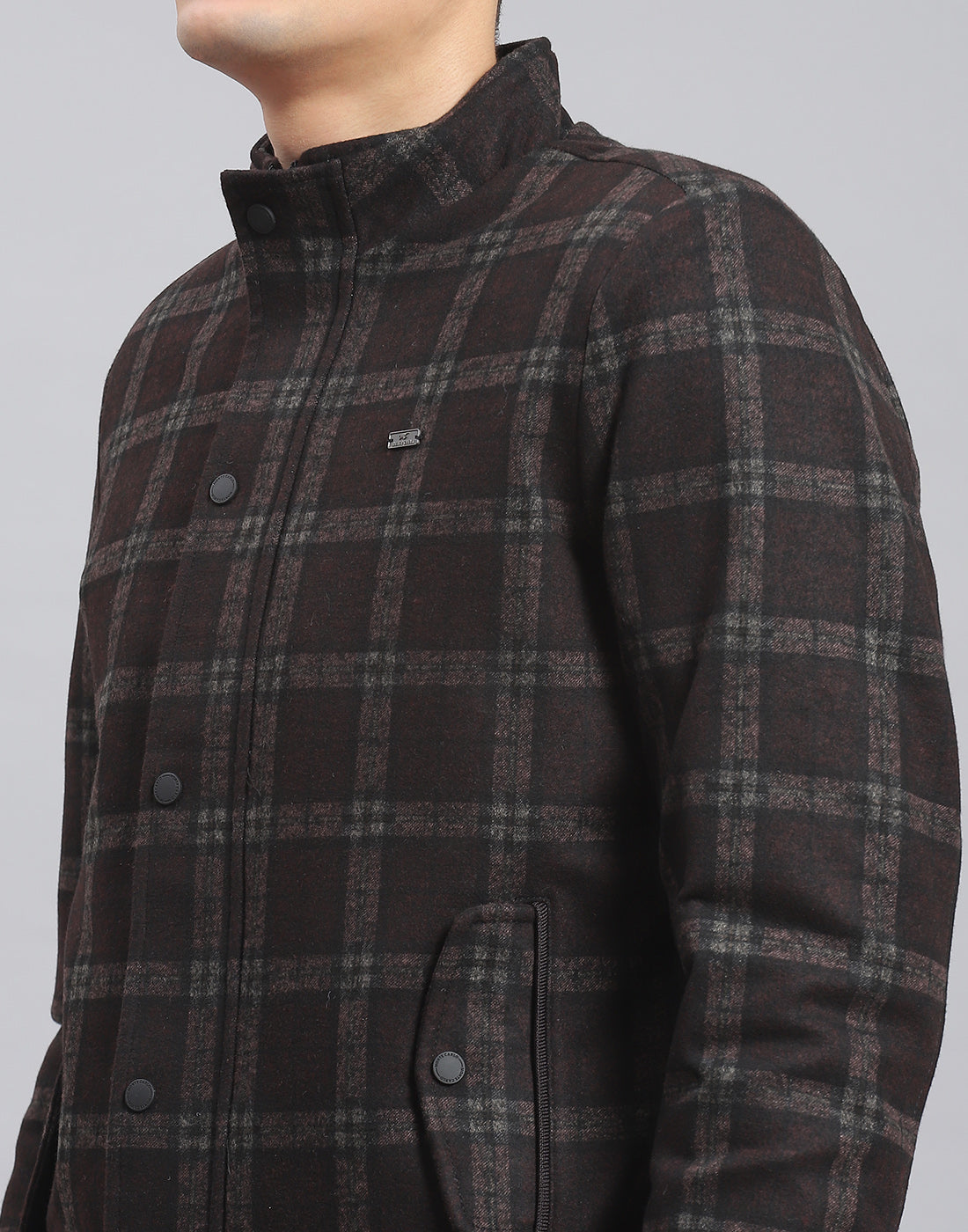 Men Brown Check Stand Collar Full Sleeve Coat