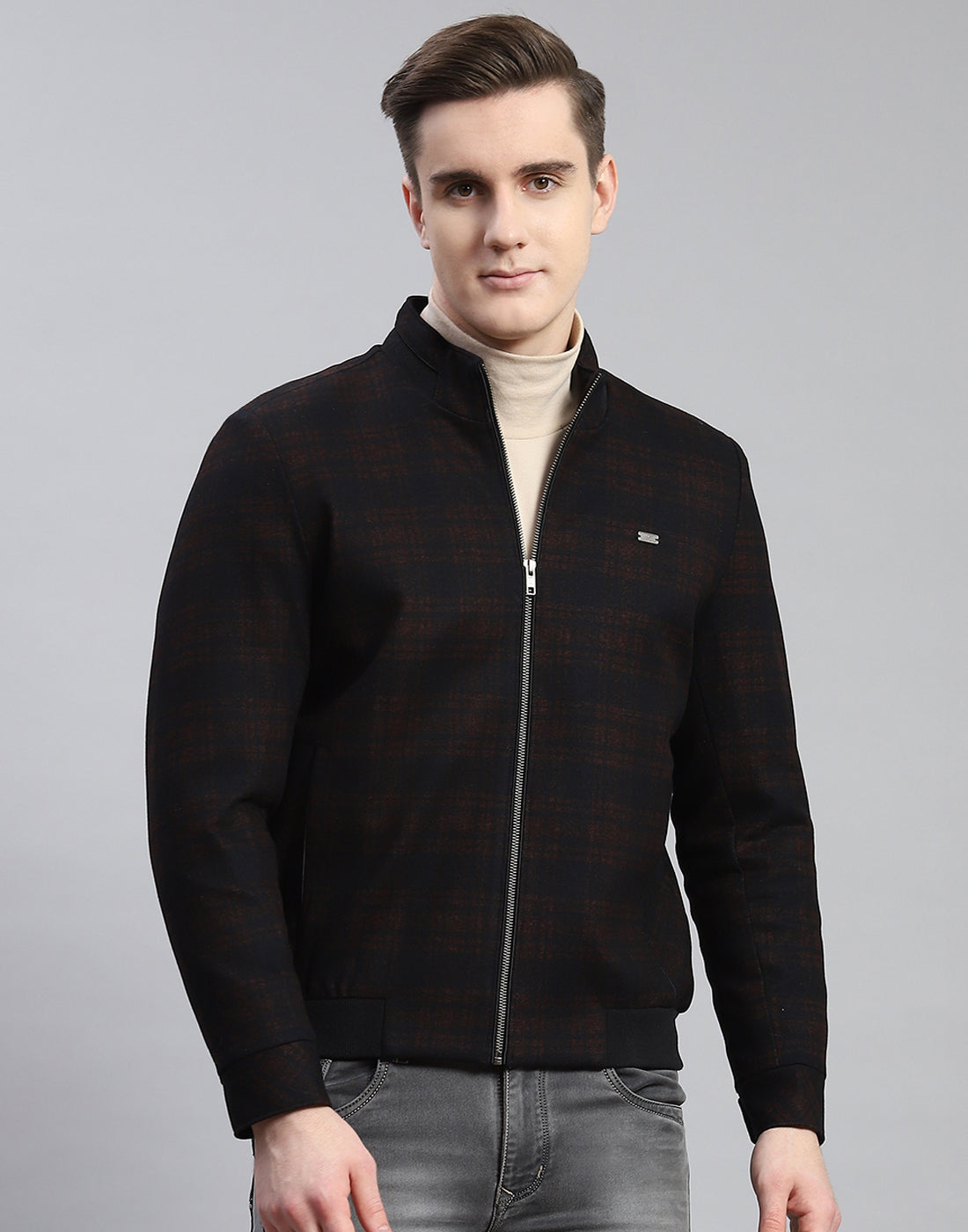 Men Rust Check Stand Collar Full Sleeve Coat