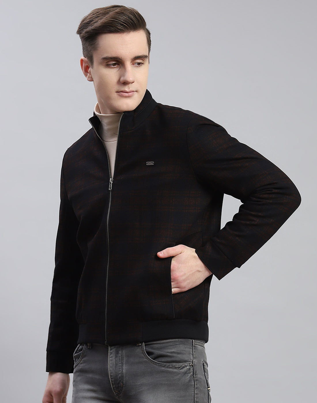 Men Rust Check Stand Collar Full Sleeve Coat